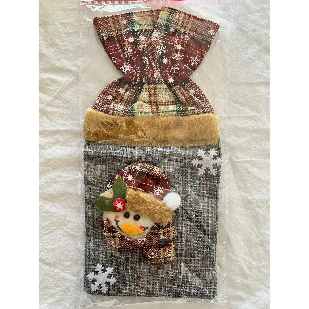 Set of 3 Christmas Bottle Gift Bags Santa Snowman Reindeer Rustic Holiday